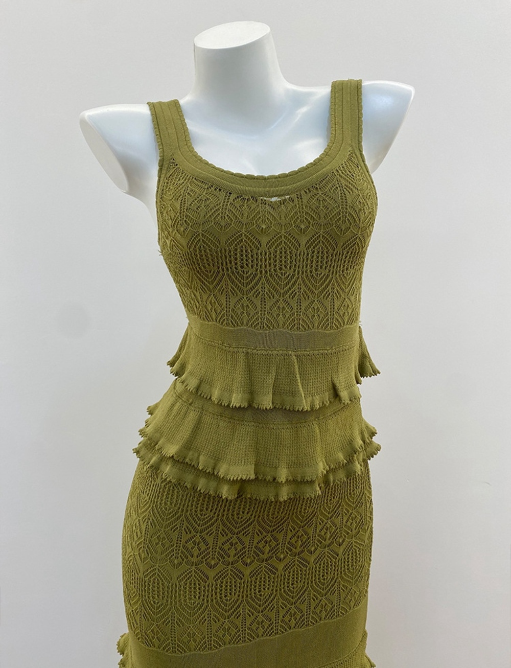 🟢Sandro Olive Green Tiered Ruffle Knit Midi Dress Sleeveless Lace - Picture 10 of 12